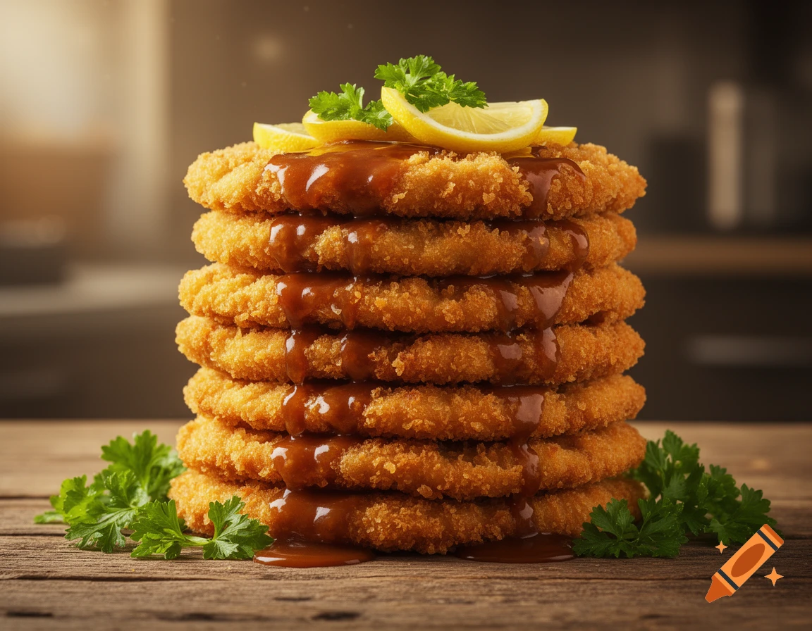 Towering stack of golden crispy schnitzels with rich brown gravy, garnished with lemon and parsley on a wooden table.