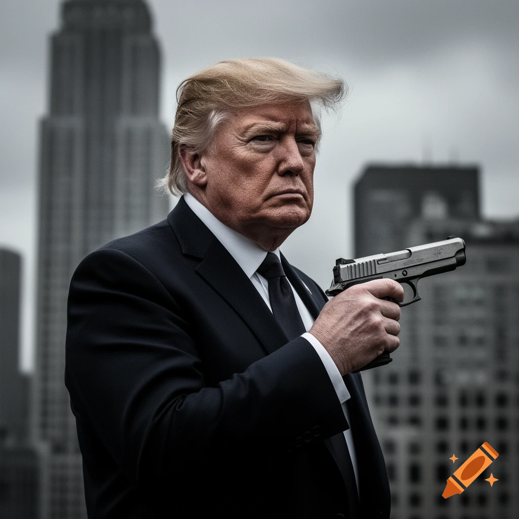 Photorealistic image of Donald Trump holding a handgun, standing in front of blurry city buildings under a cloudy sky.