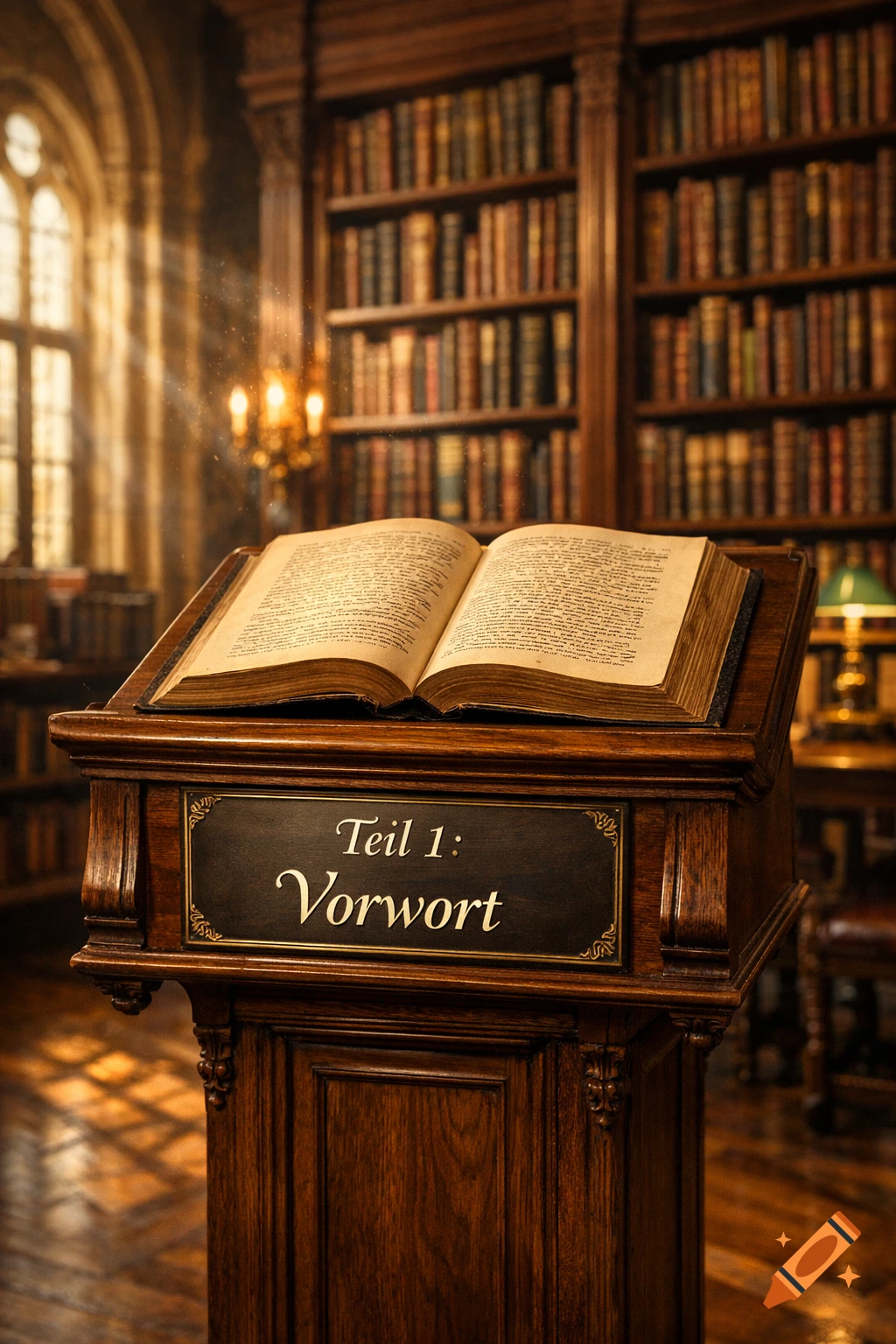 Lectern Library An open book on a wooden lectern in a dimly lit, grand library with ...