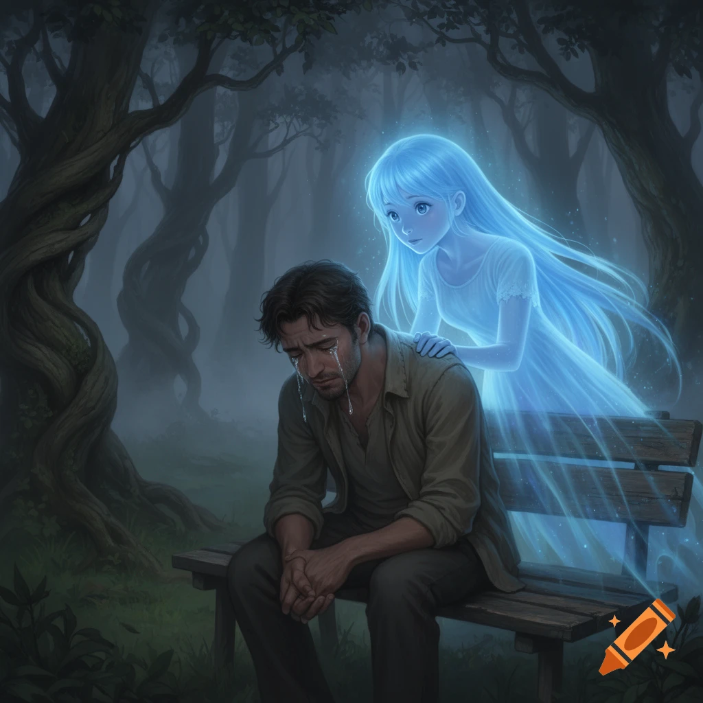 A man sits crying on a bench in a dark forest as a blue, ethereal ghost girl gently touches his shoulder in comfort.