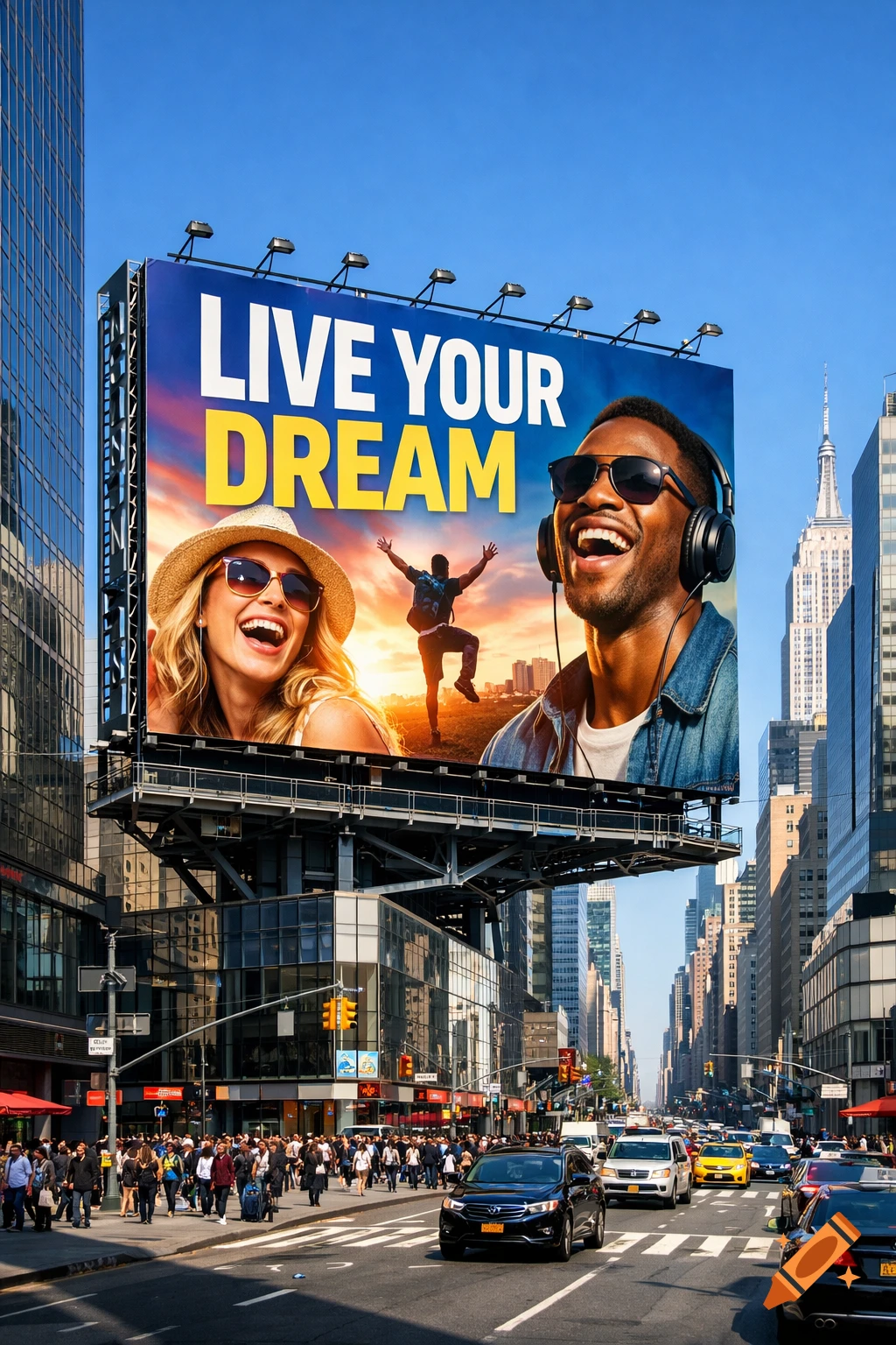 A large billboard with 'LIVE YOUR DREAM' and smiling people overlooks a busy, sunlit city street with cars and pedestrians.