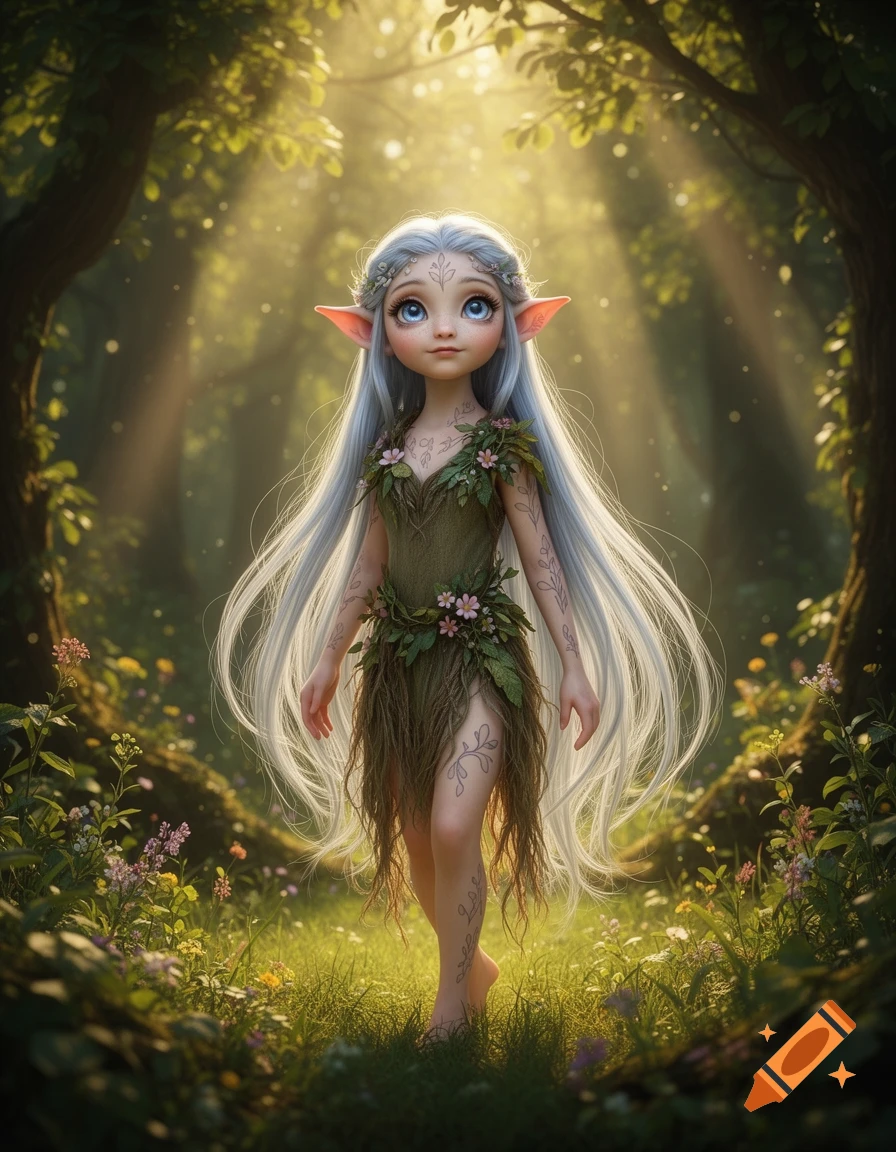 A whimsical large-eyed elf with long white hair and pointed ears, wearing a leaf dress, stands barefoot in a sun-dappled forest.