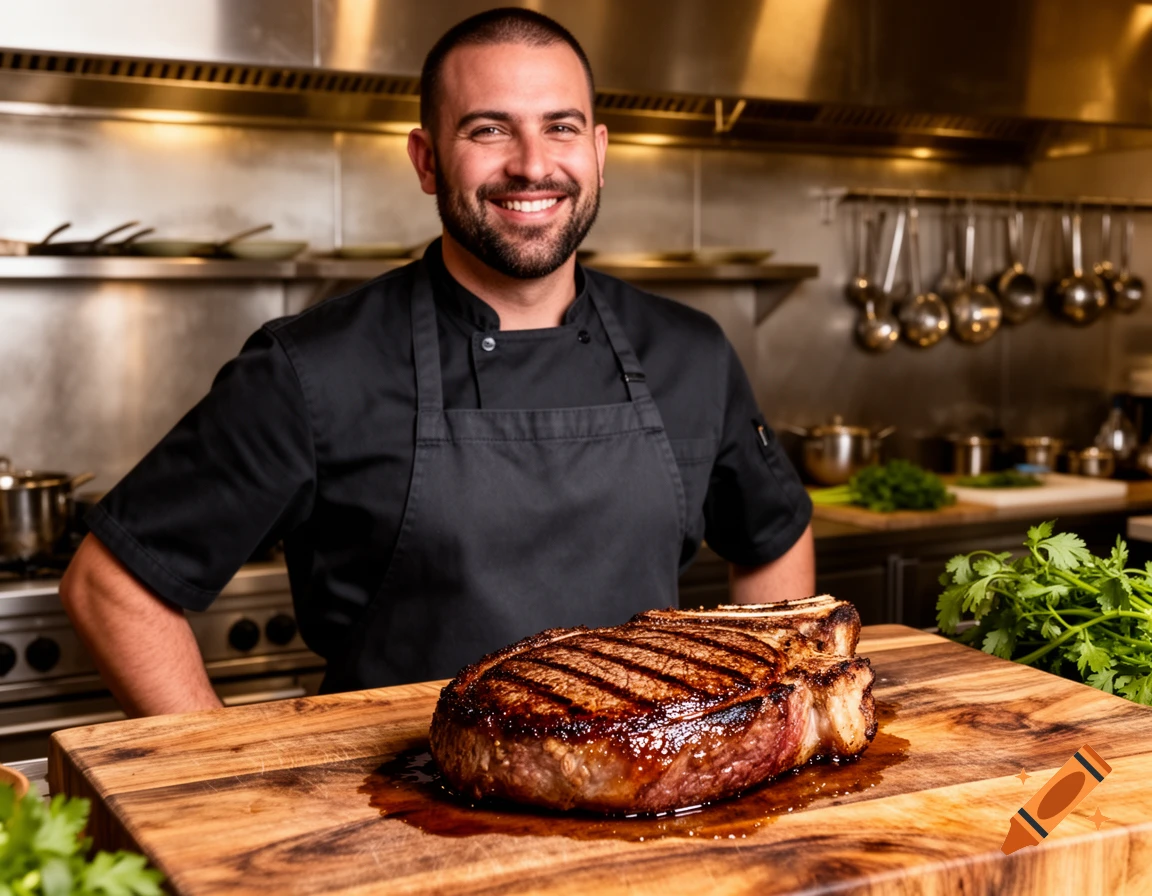 A smiling chef in a black uniform stands behind a wooden cutting board with a perfectly cooked steak in a modern kitchen.