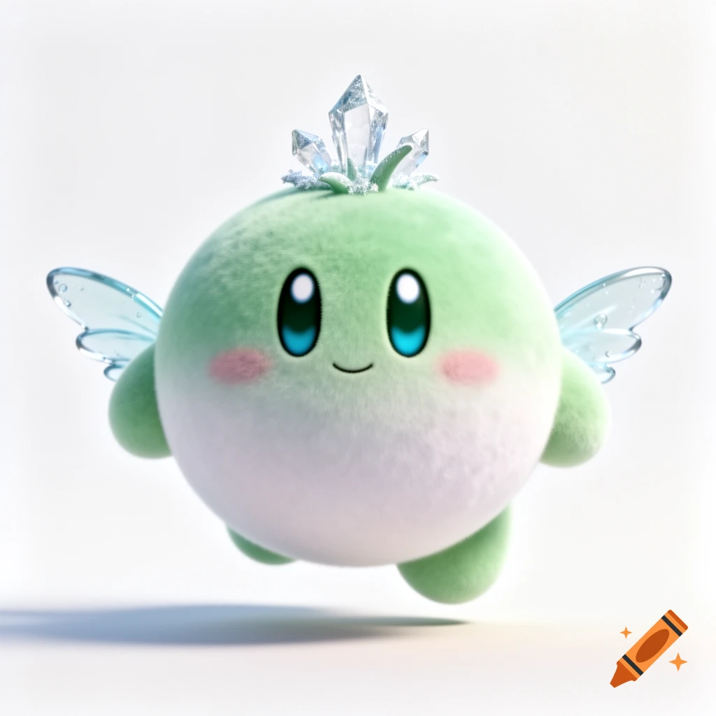 A cute, round, pastel green creature with a white belly, large blue eyes, translucent wings, and an ice crystal crown, floating against a white background.