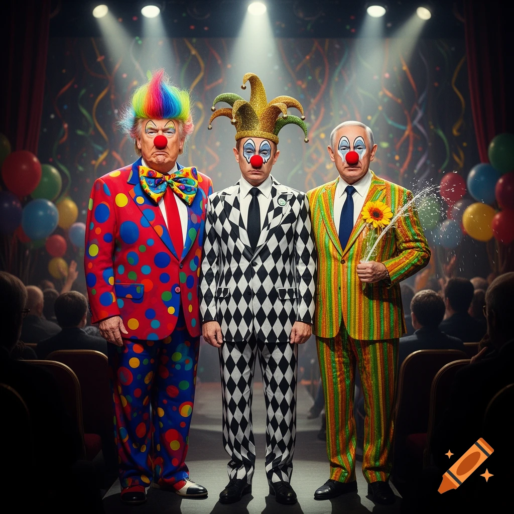 Donald Trump, Vladimir Putin, and Benjamin Netanyahu stand on a stage in elaborate clown suits, surrounded by balloons and confetti.