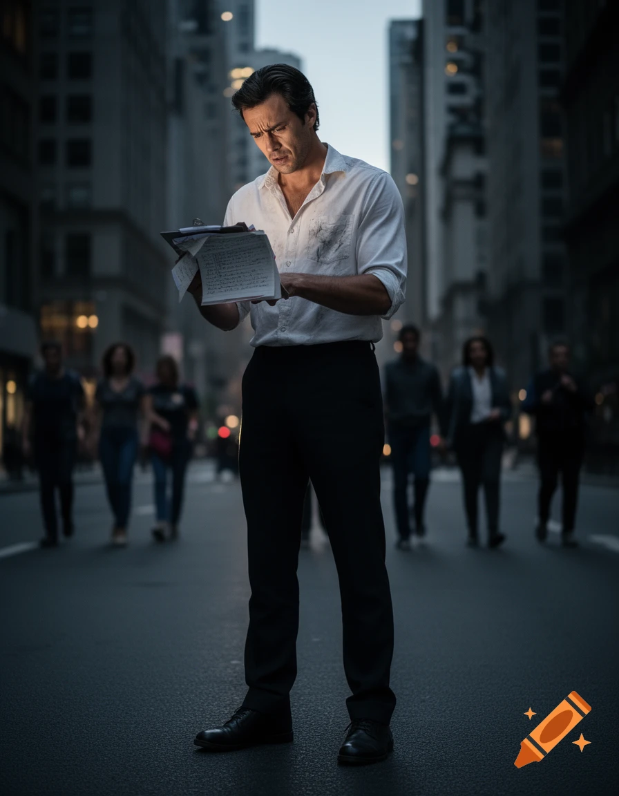 A man in a white shirt and black pants stands in a dark city street at night, intently studying a clipboard, looking stressed. Blurry figures are in the background.