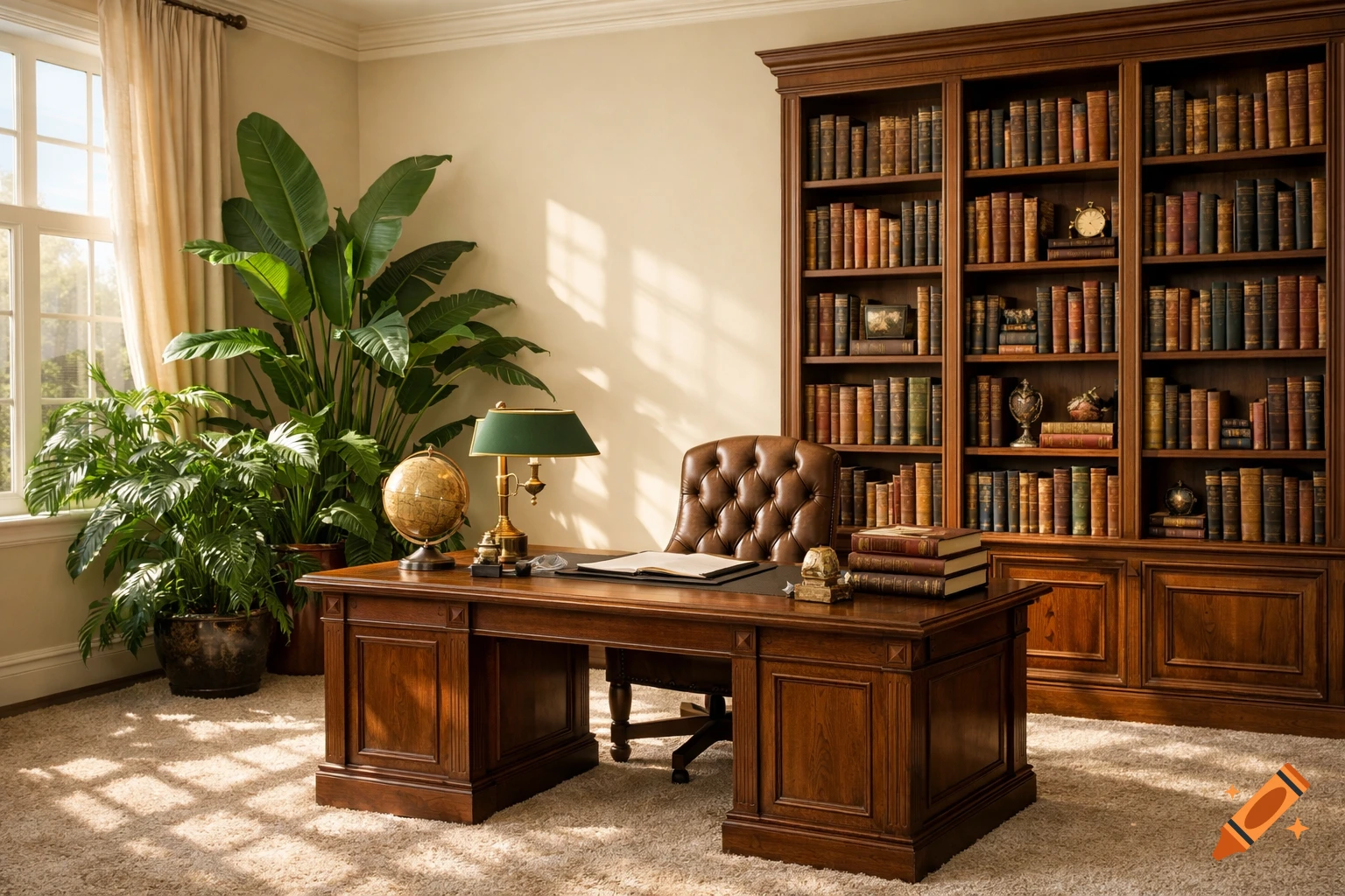 Photorealistic home office with a large wooden desk, leather chair, tropical plants, and tall bookshelves filled with books. Sunlight streams through a window.