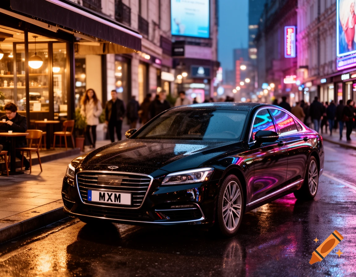 Photorealistic black car parked on a wet city street at night, reflecting neon signs.