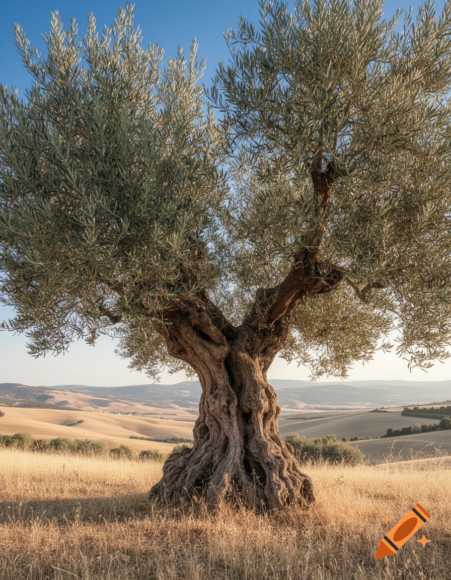 A gnarled olive tree with silver-green leaves stands in a golden field under a blue sky, with rolling hills.