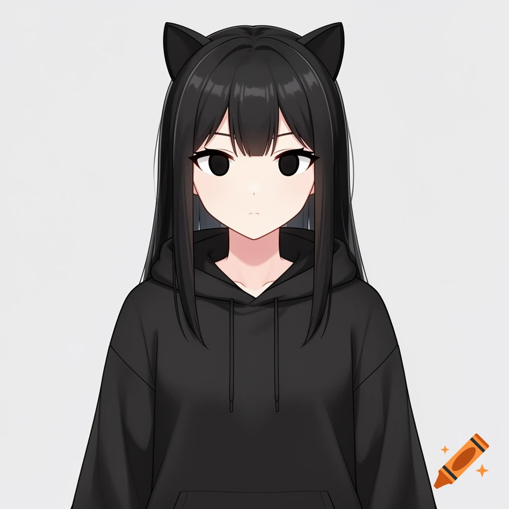 A young anime girl character with long black hair, cat ears, and a neutral expression, wearing a black hoodie against a simple background.