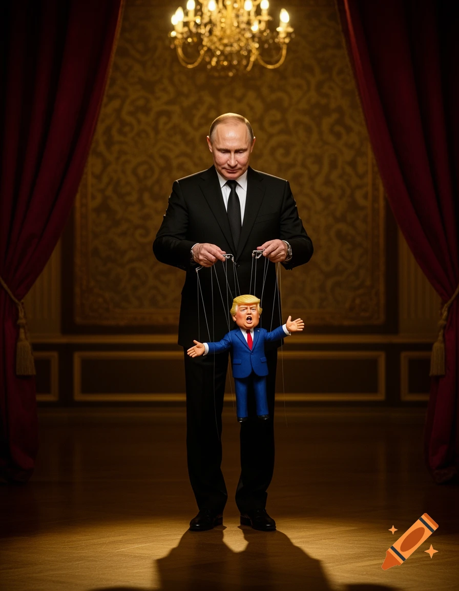 Vladimir Putin operating a string puppet resembling Donald Trump on a stage in a formal room, photorealistic.