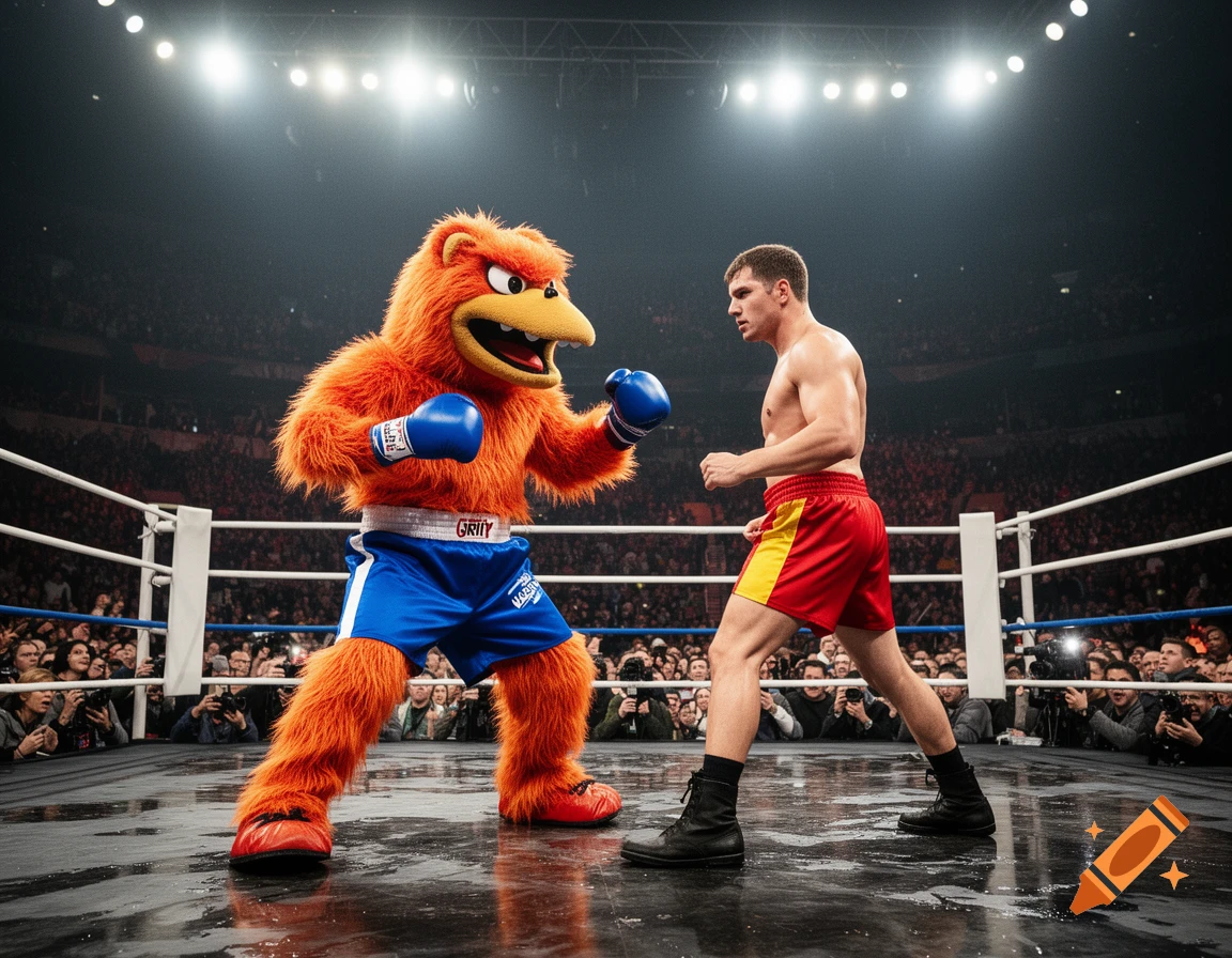 A photorealistic image of the orange Gritty mascot in blue shorts and boxing gloves, facing a shirtless man in red shorts in a boxing ring.