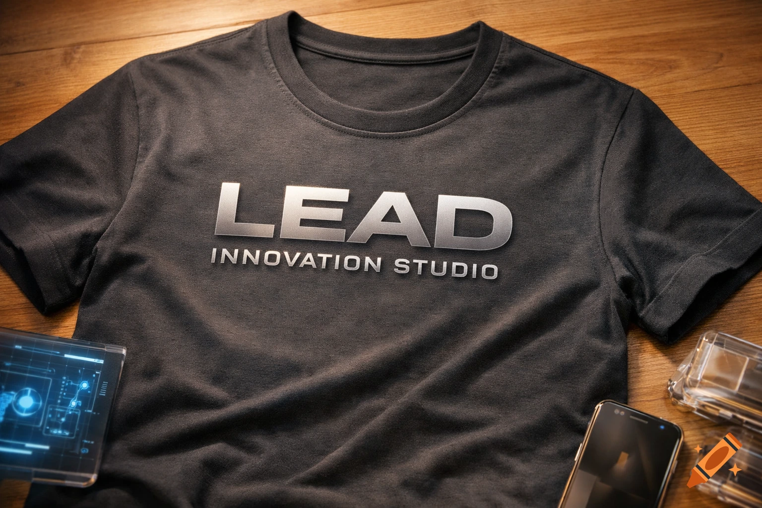 Dark gray t-shirt with 'LEAD INNOVATION STUDIO' in metallic silver text, lying on a wooden table with electronic devices, photorealistic.