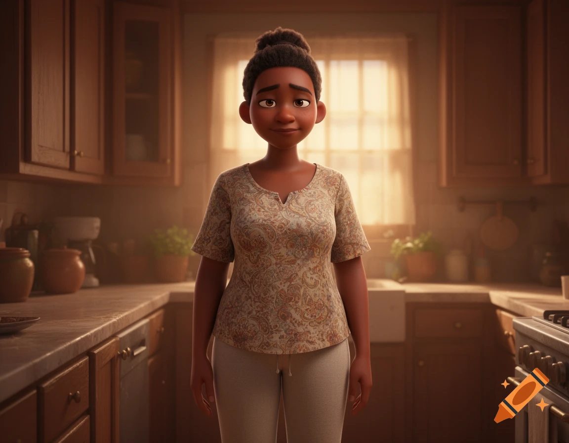 A 3D cinematic realistic woman with warm brown skin and hair in a bun stands in a sunlit kitchen, wearing casual clothes.