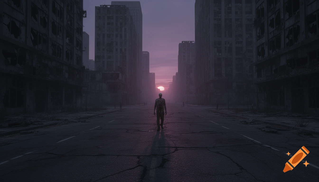 A lone zombie walks down a cracked road through a desolate, ruined city under a dramatic pink and purple sunset sky.