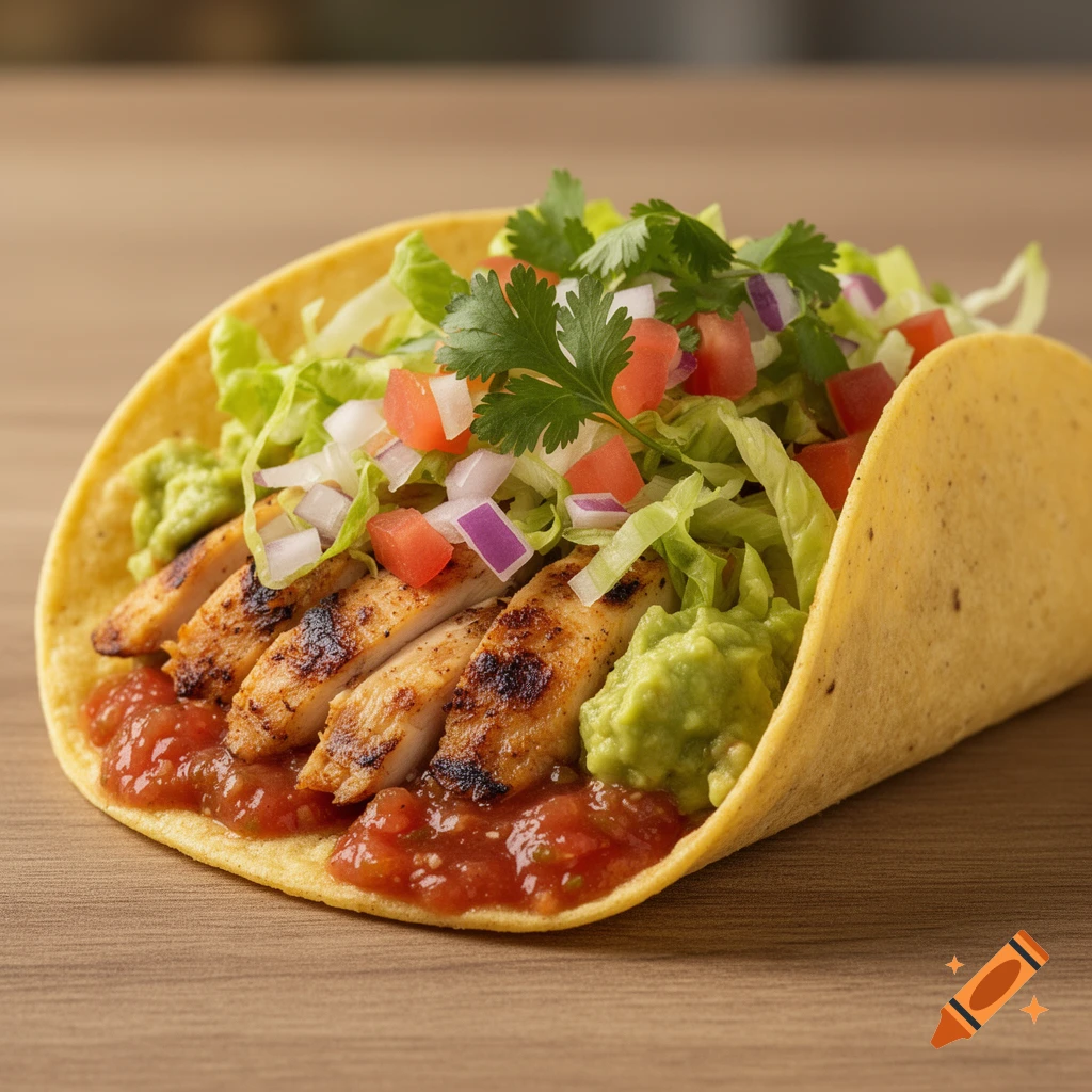 A close-up, photorealistic image of a chicken taco filled with grilled chicken, salsa, guacamole, lettuce, red onion, and cilantro on a wooden surface.