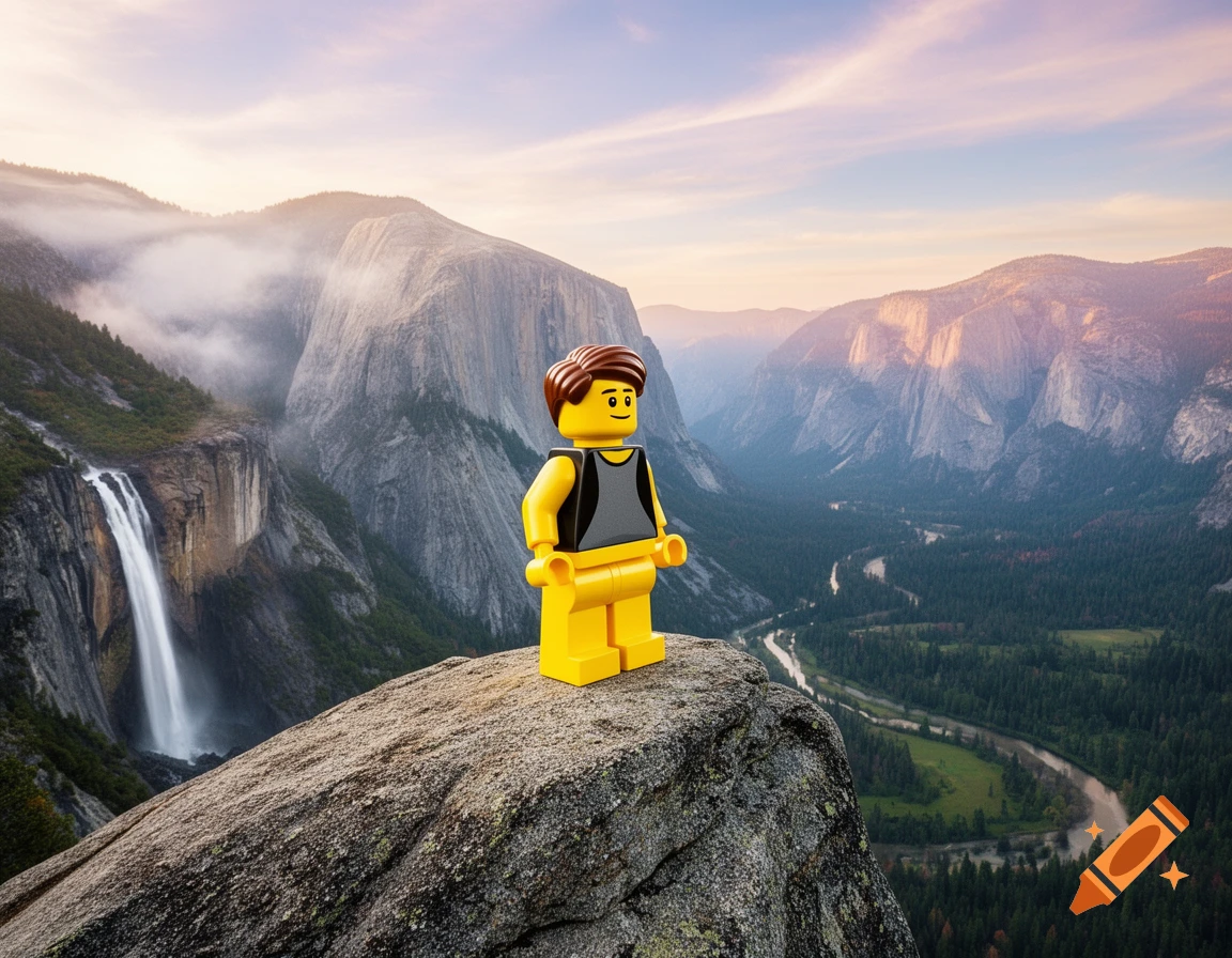 A Lego man with brown hair and a black shirt stands on a rocky mountain peak overlooking a lush valley with a river and a waterfall.