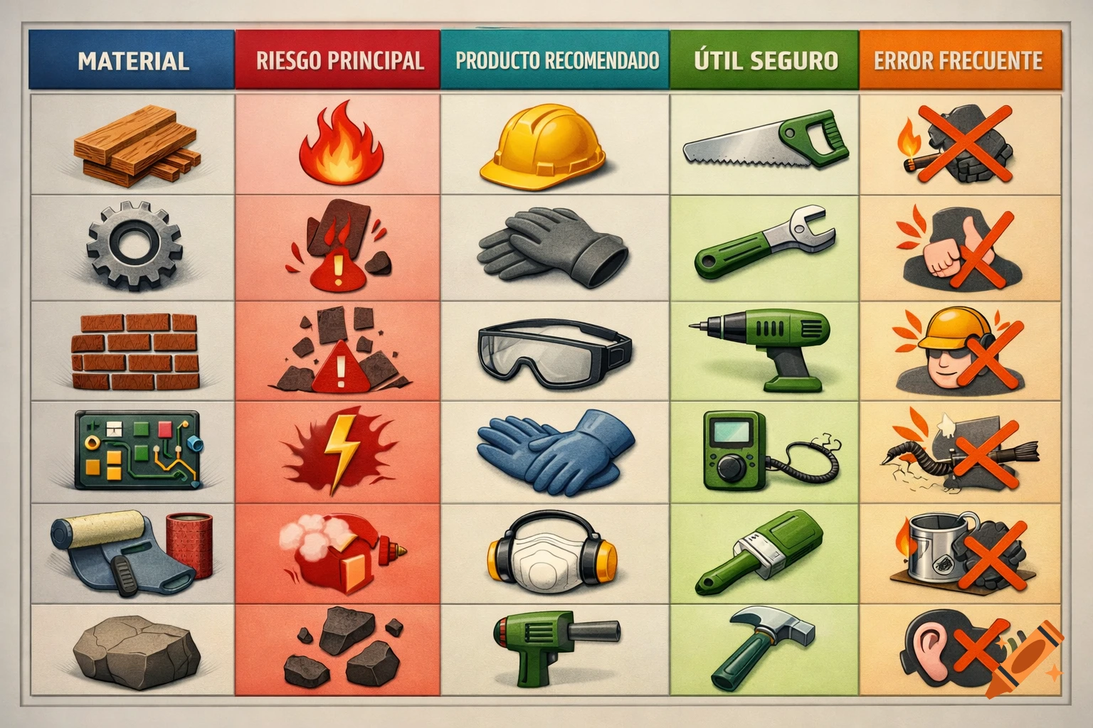 An illustrative safety chart comparing materials, main risks, recommended products, safe tools, and frequent errors with icons.