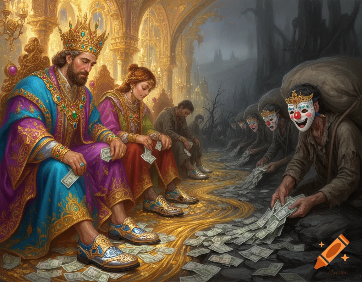 Opulent king and queen with money contrasted by masked poor figures producing money in a desolate landscape, in a painterly allegorical style.
