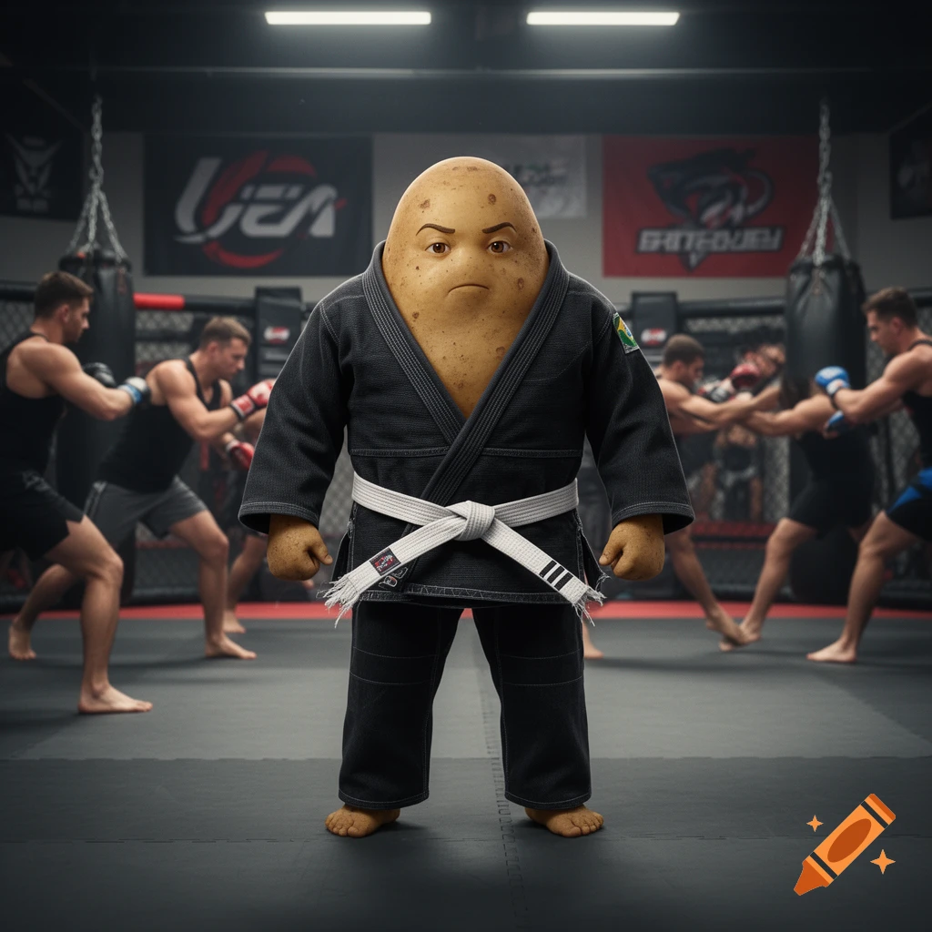 A determined-looking photorealistic potato character in a black BJJ gi and white belt stands in an MMA gym with blurred sparring fighters.