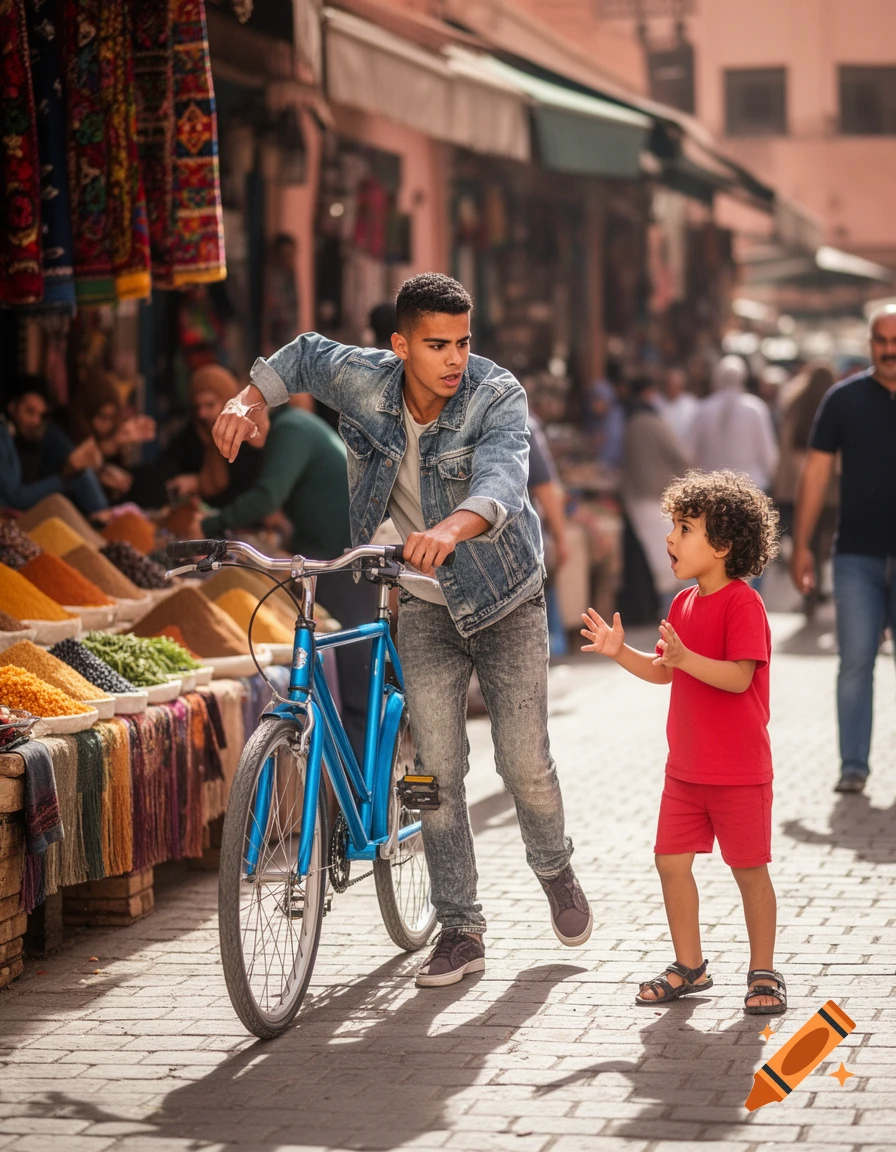 A young man pushes a blue bicycle while a small child in red looks up at him in a bustling outdoor market with spice and textile stalls.