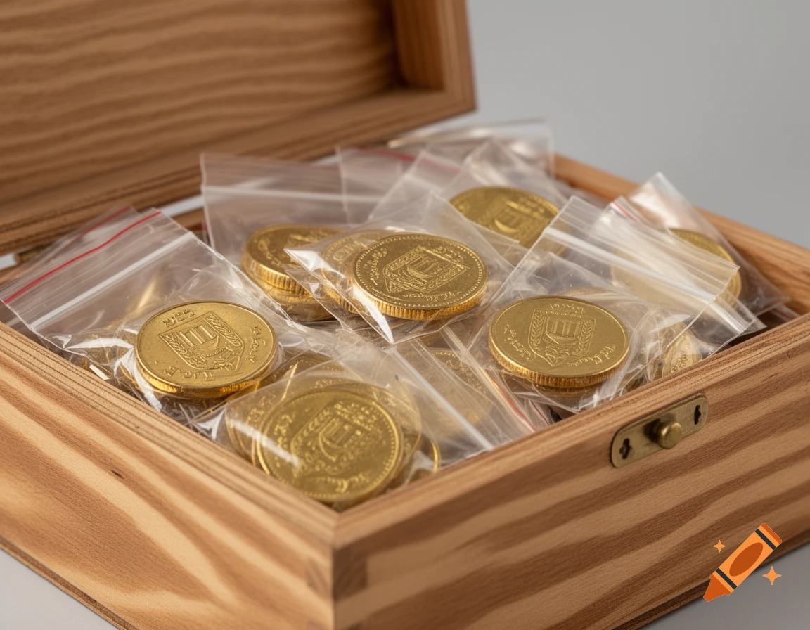 Gold-colored Israeli ten agorot coins in small plastic bags inside an open wooden box, close-up, photorealistic.