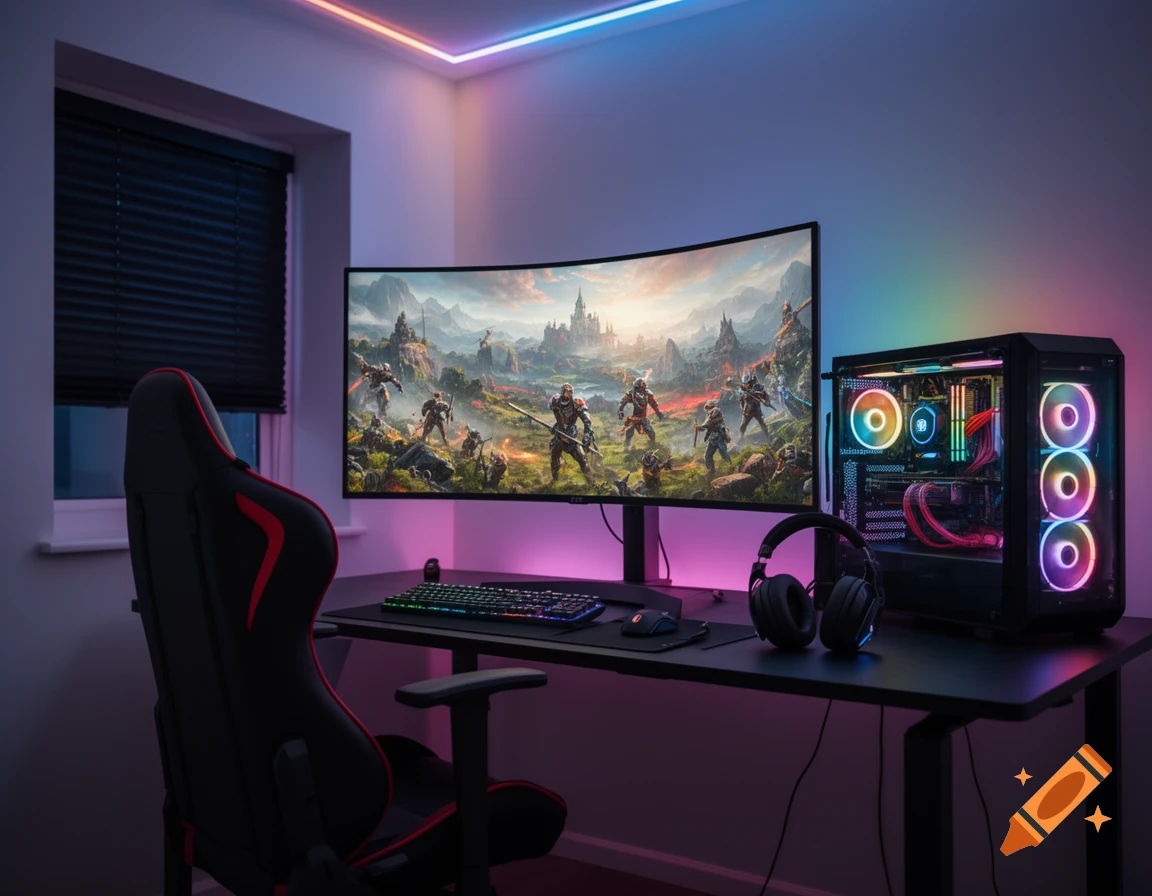 A modern gaming setup featuring a curved monitor displaying a fantasy ...