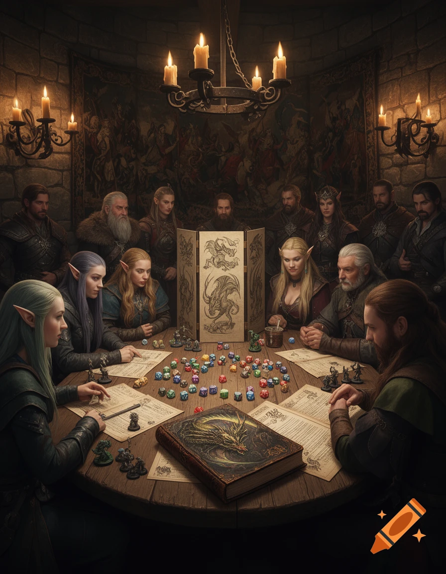 A group of fantasy characters, including elves and humans, gathered around a wooden table in a dimly lit room, playing a tabletop role-playing game. Dice, character sheets, and a dragon-embossed book are on the table.