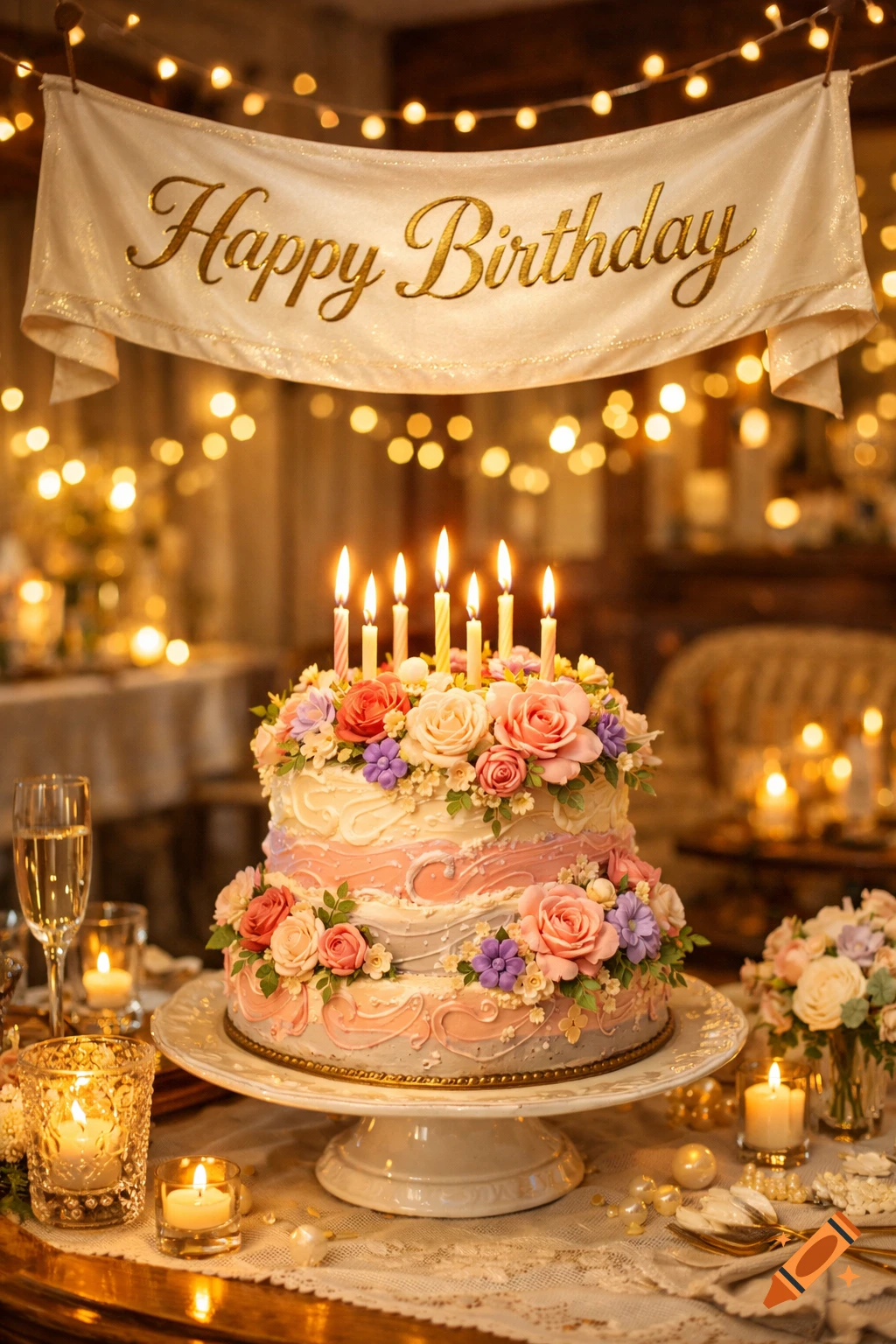 A two-tier birthday cake adorned with pink and purple sugar flowers and lit candles sits on a table with a "Happy Birthday" banner above, surrounded by warm, festive lighting.