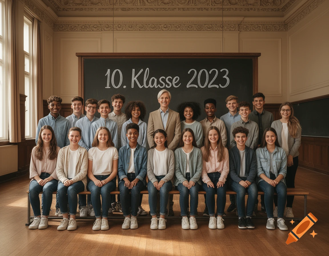 A diverse group of smiling students and a male teacher pose for a class photo in a school classroom with a blackboard displaying '10. Klasse 2023'.