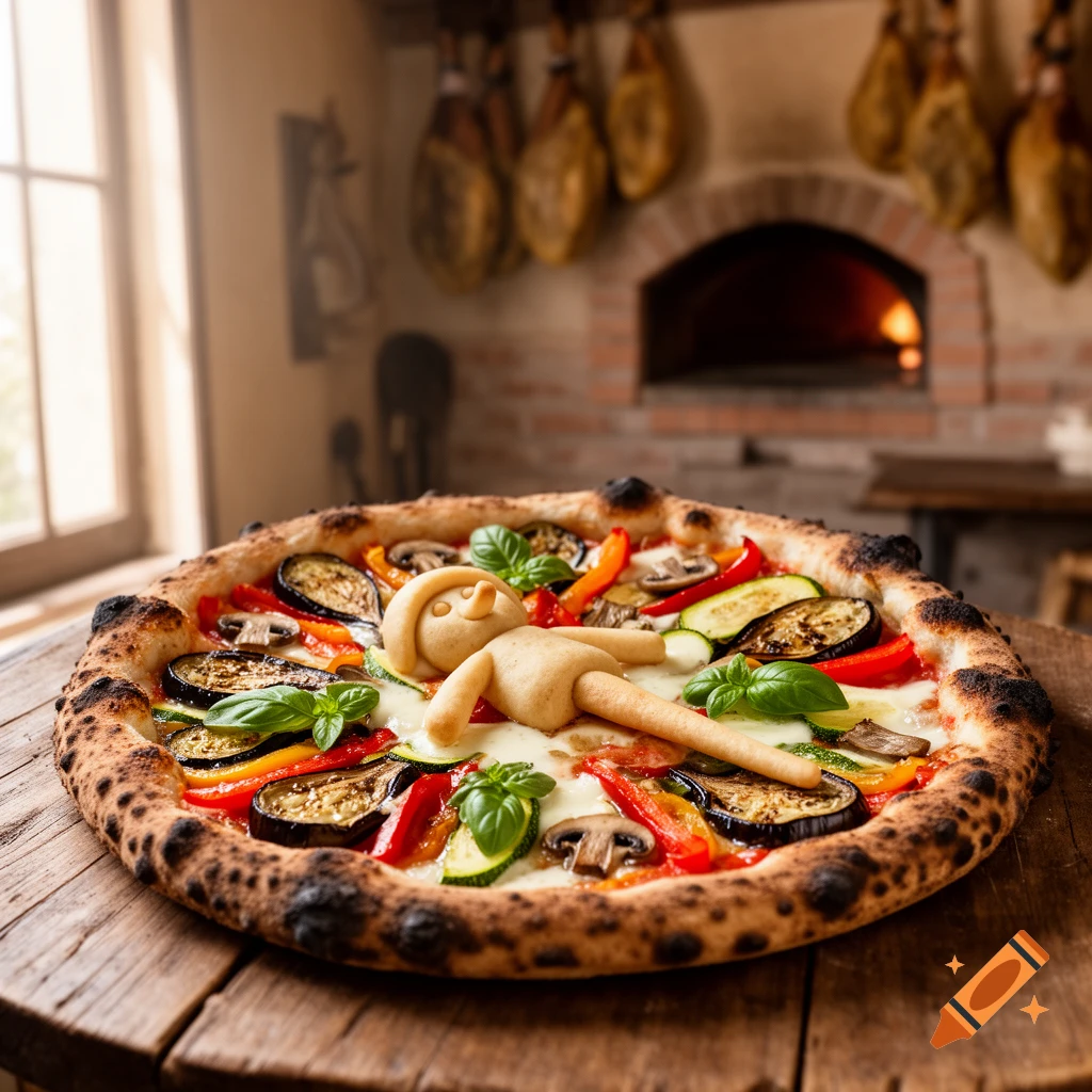 A photorealistic vegetable pizza with a dough Pinocchio figure on a wooden table, with a pizza oven in the background.