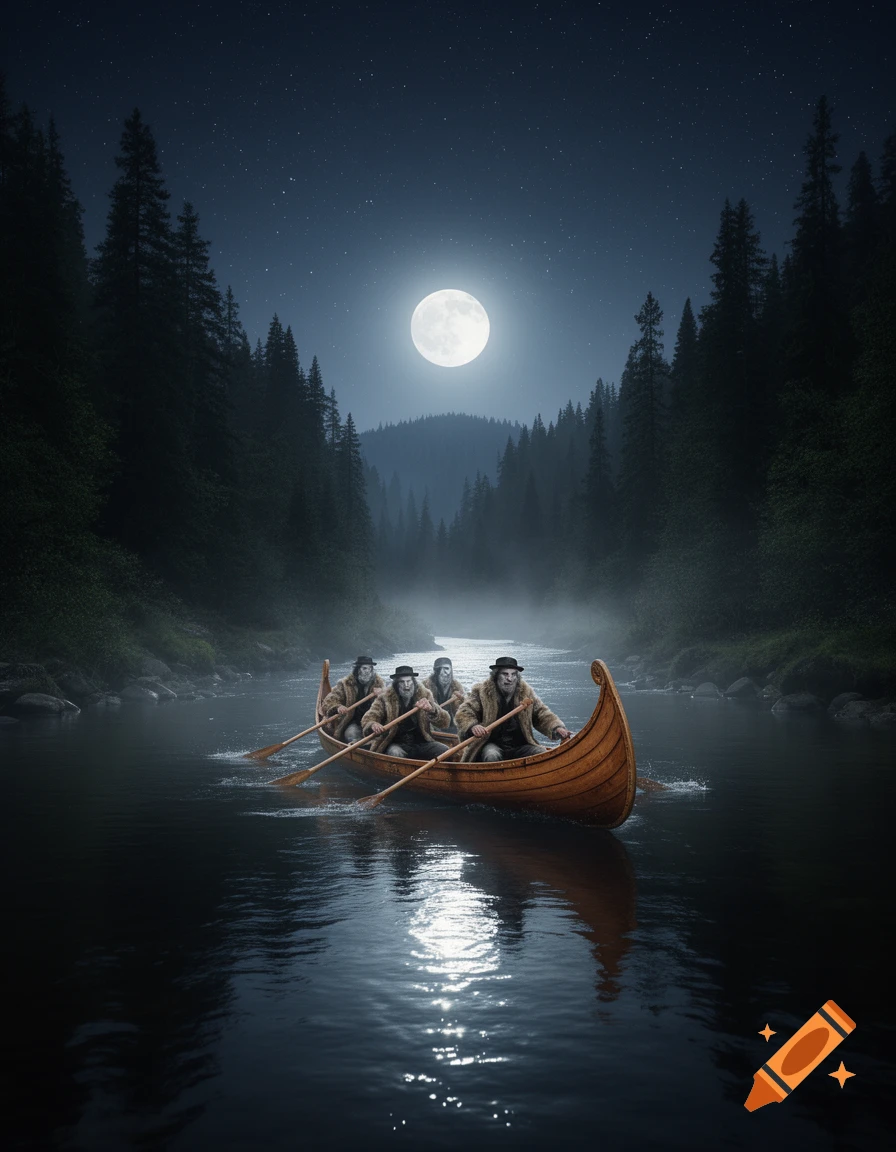 Four men in a wooden canoe paddle on a misty river at night, bathed in the light of a full moon, surrounded by dark pine forests.