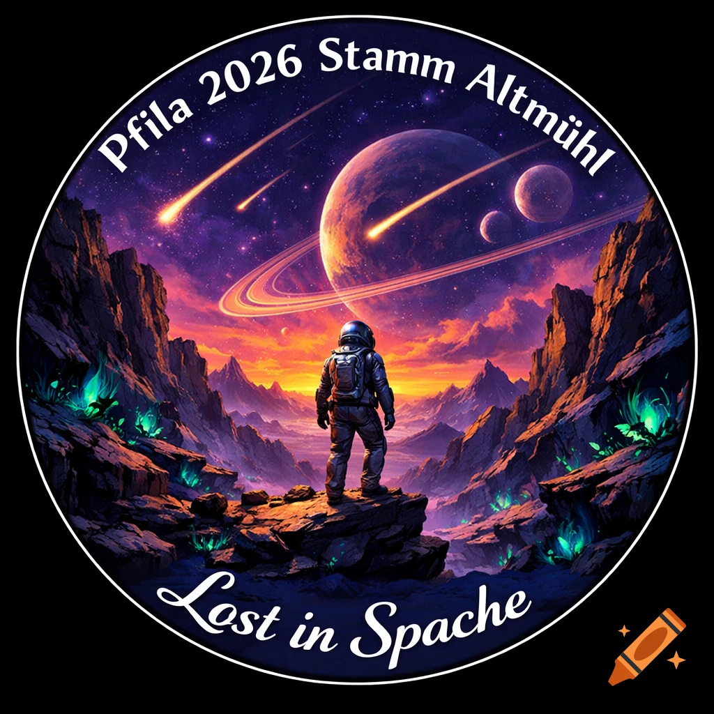 Round sci-fi image of an astronaut on a rocky alien planet viewing a ringed planet and moons in a vibrant cosmic sky, with text.