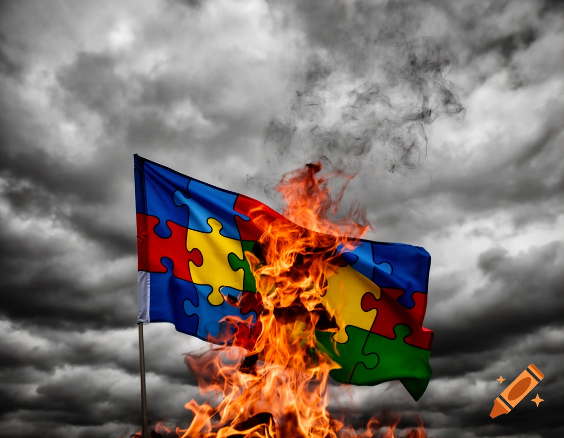 The colorful autism awareness puzzle piece flag burning under a dark, cloudy sky.