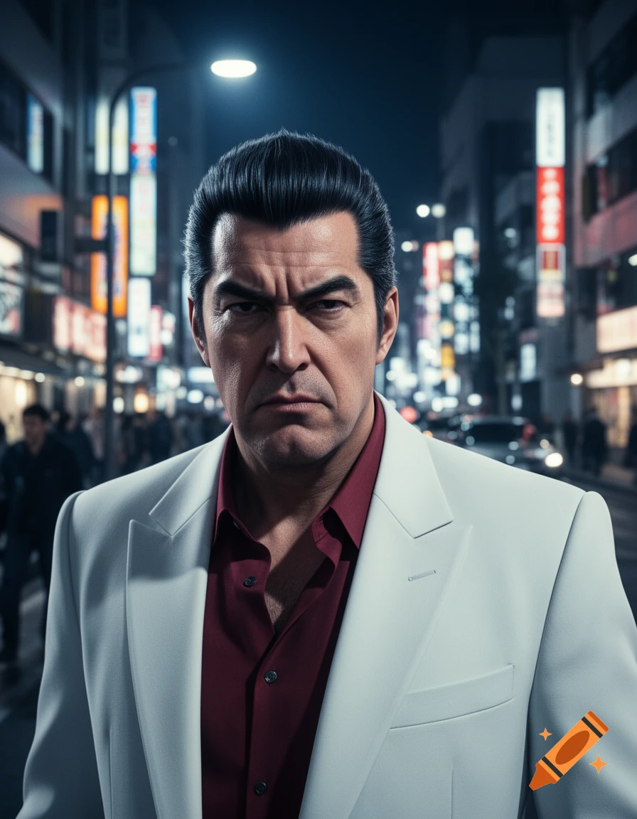A stern-faced man with dark hair, wearing a white suit and red shirt, stands on a neon-lit city street at night in a photorealistic style.