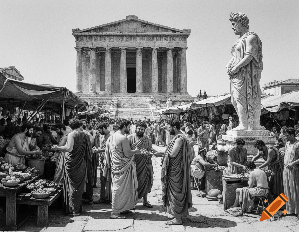 Black and white photorealistic image of an ancient Greek market with people in togas, market stalls, a grand temple, and a large god statue.