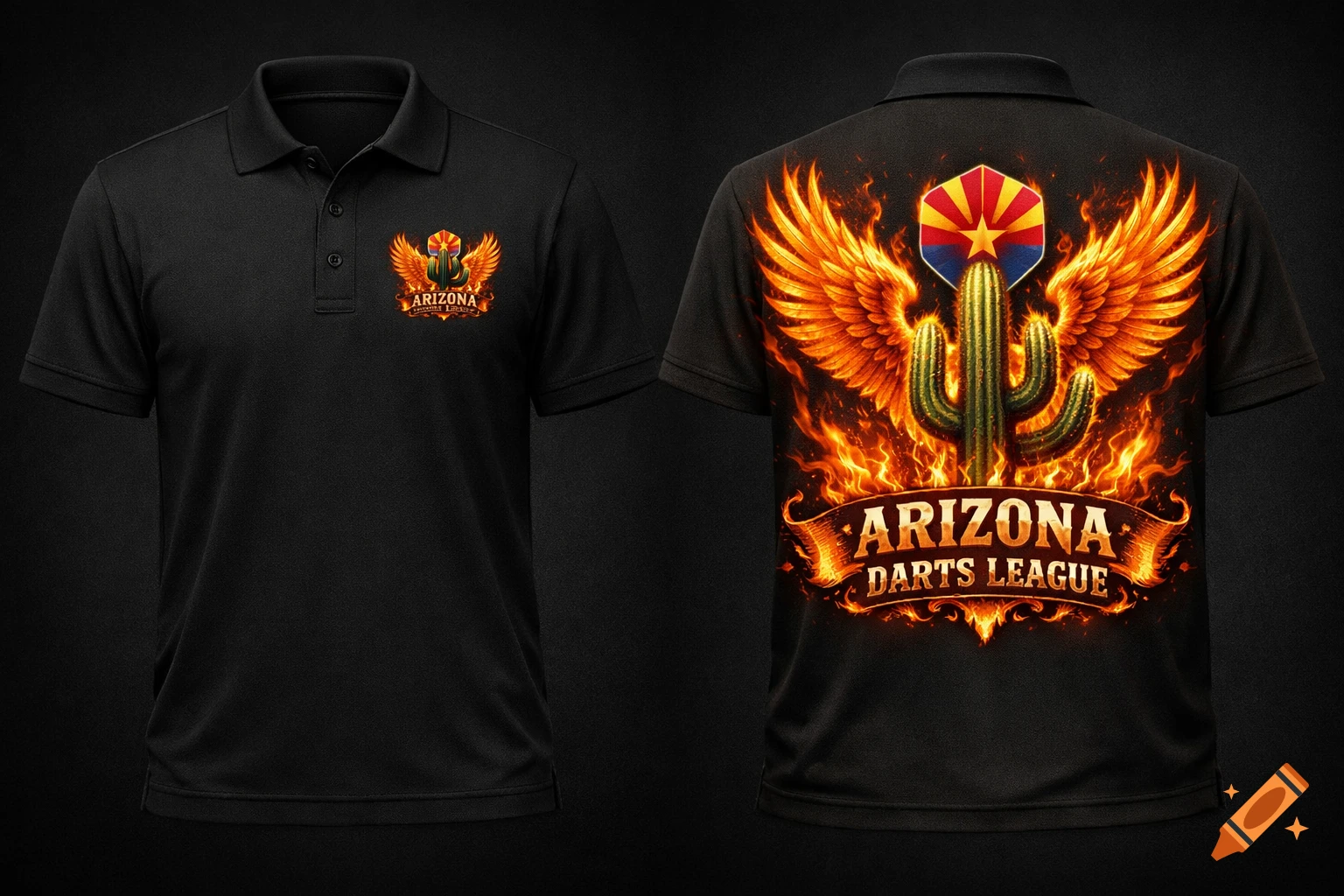 Front and back view of a black polo shirt with a fiery emblem. The back features a saguaro cactus, Arizona flag dart flight, glowing wings, flames, and "ARIZONA DARTS LEAGUE" text. A smaller emblem is on the front chest.