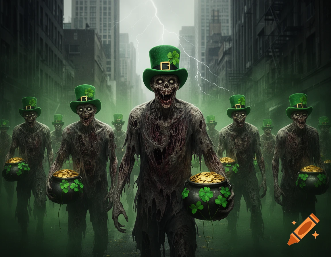 Photorealistic image of undead zombies in leprechaun hats holding pots of gold, invading a stormy city street.