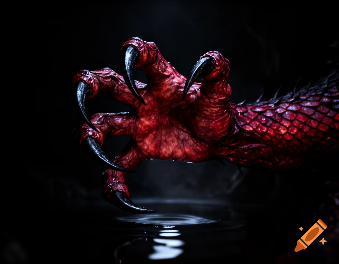 Red Hand Claws A detailed, close-up shot of a red, scaly demon hand with long black ...