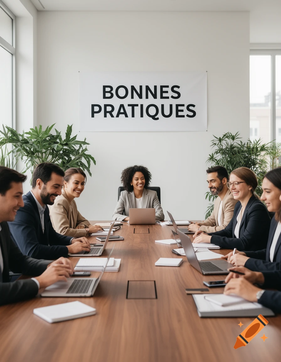 A group of diverse professionals smiling and working on laptops during a business meeting in a bright conference room with a banner reading "BONNES PRATIQUES".