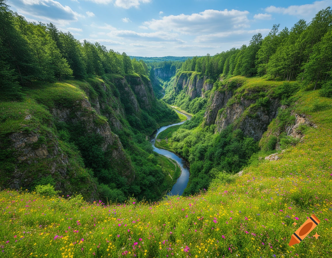 A winding river flows through a lush, green canyon, with colorful wildflowers covering the grassy hillsides under a blue sky.