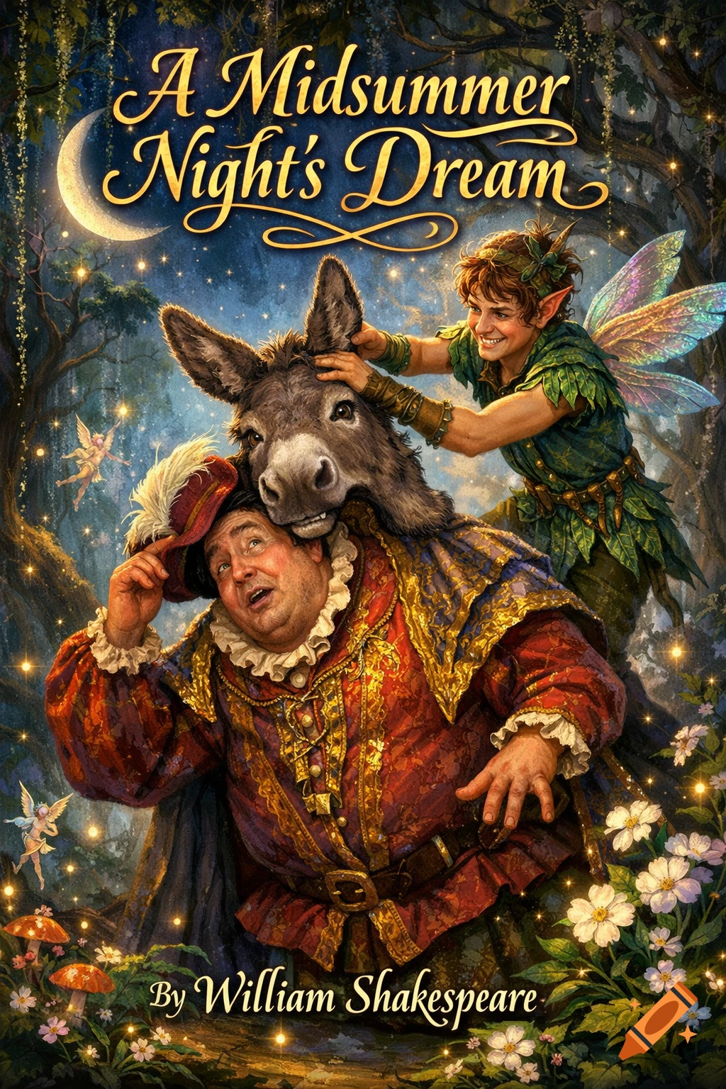 Illustrated book cover for 'A Midsummer Night's Dream' with a fairy placing a donkey head on a man in a magical forest.
