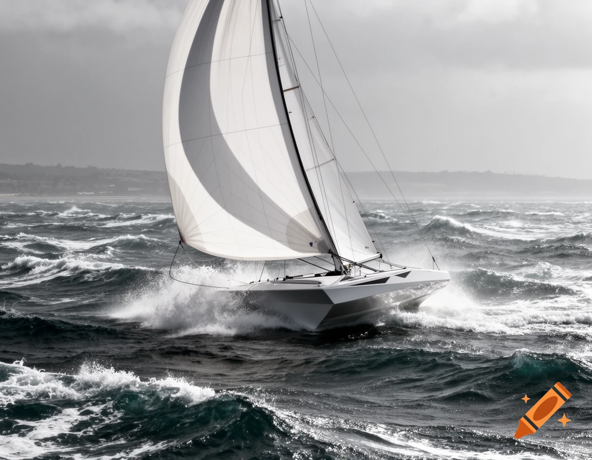 A white sailboat cuts through rough, dark ocean waves under a cloudy sky, with water spraying around its hull.