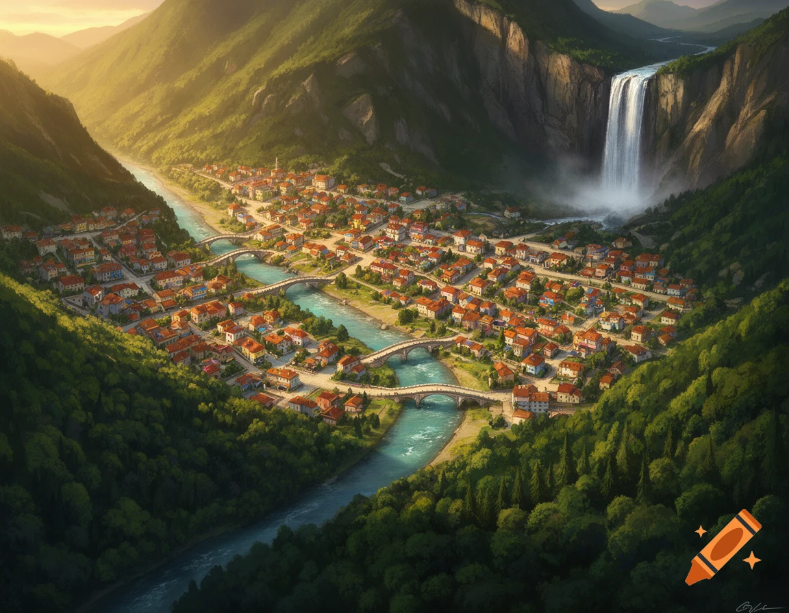 An aerial view of a picturesque town nestled in a lush green mountain valley, with a river, bridges, and a grand waterfall.