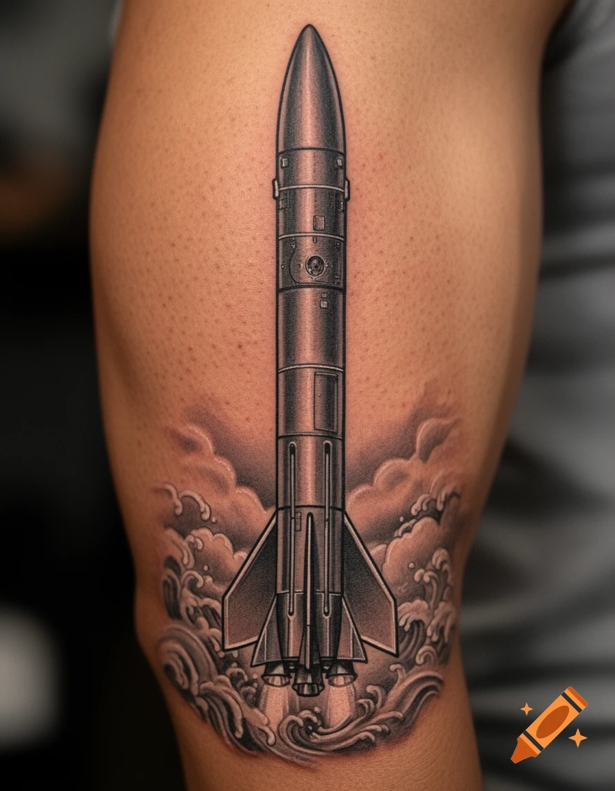 Detailed black and grey tattoo of a missile launching amidst smoke and waves, inked on an arm.