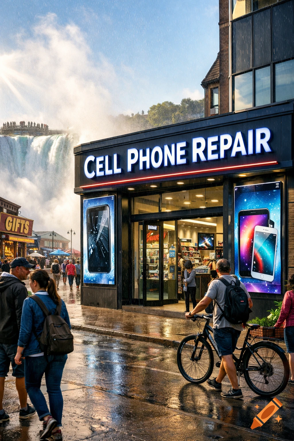 A photorealistic image of a 'CELL PHONE REPAIR' shop on a wet street with people, and Niagara Falls in the background.