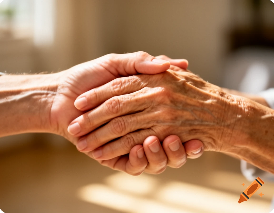 A close-up of a younger hand gently holding an older, wrinkled hand, suggesting care and connection in a photorealistic style.