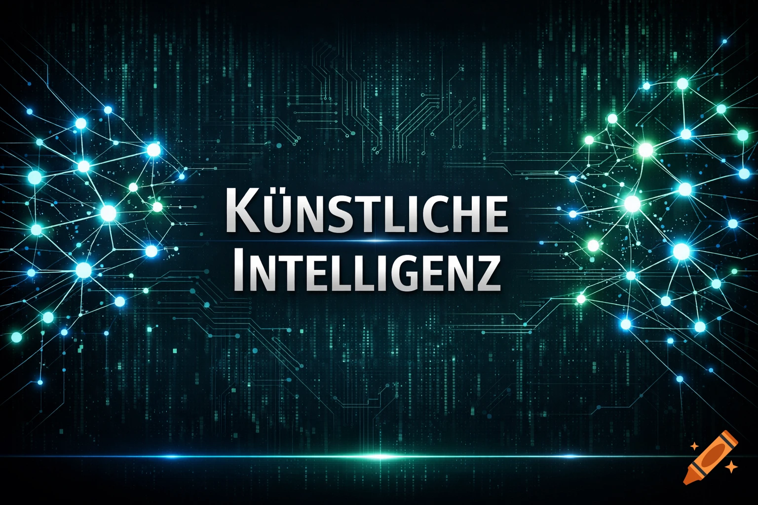 Digital art with white text "KÜNSTLICHE INTELLIGENZ" (Artificial Intelligence) on a dark background with glowing blue and green network nodes and circuit patterns.