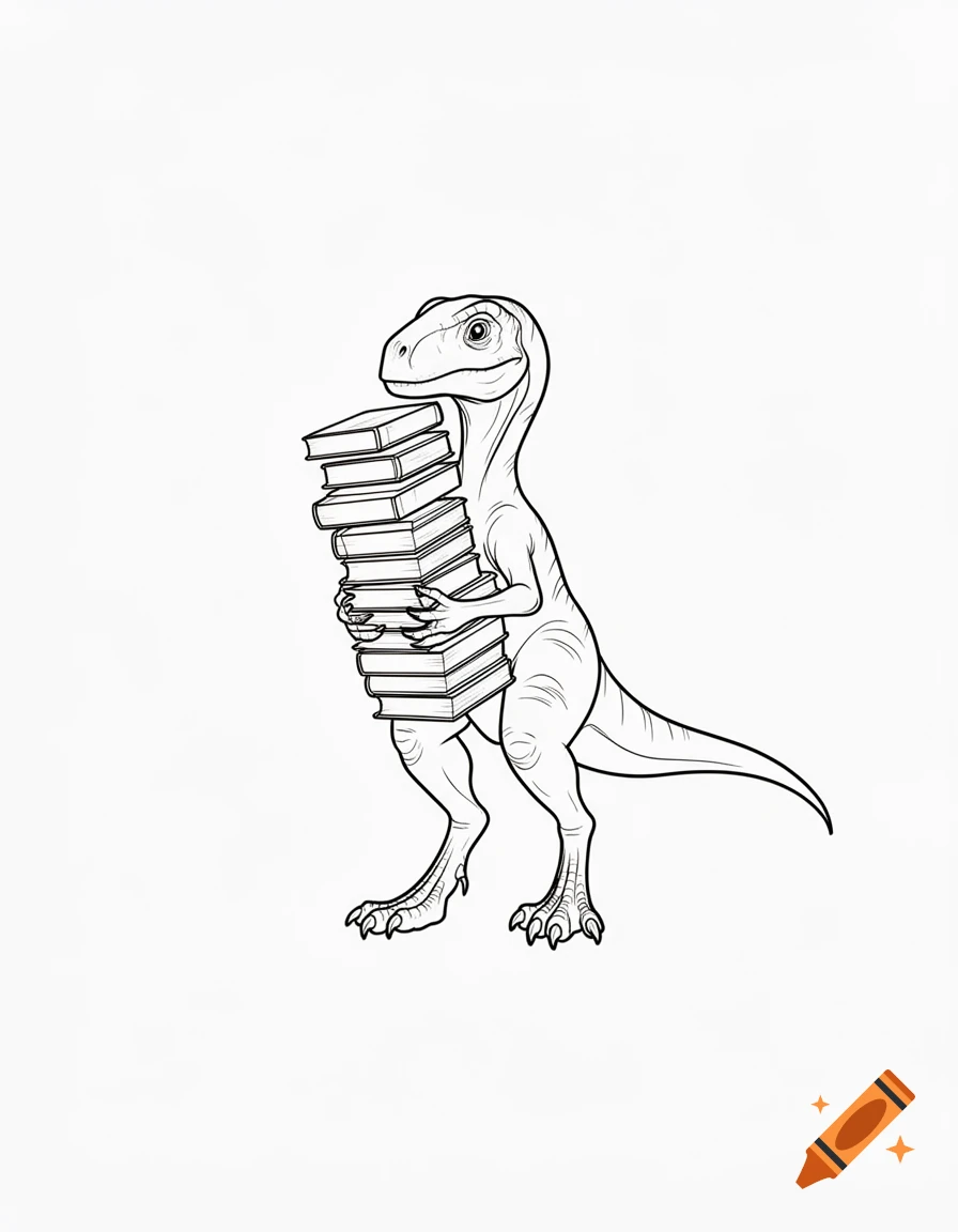 Minimalist fineline illustration of a standing velociraptor holding a tall stack of books.
