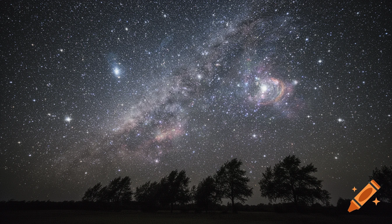 Photorealistic wide shot of a brilliant starry night sky with the Milky Way visible above a dark silhouette of trees.
